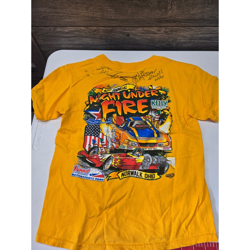 Gildan Night Under Fire Drag Racing Shirt Kids Small Yellow Signed Norwalk‎ Ohio